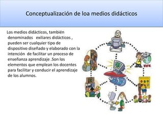 Conceptualización de loa medios didácticos
Los medios didácticos, también
denominados exiliares didácticos ,
pueden ser cualquier tipo de
dispositivo diseñado y elaborado con la
intención de facilitar un proceso de
enseñanza aprendizaje .Son los
elementos que emplean los docentes
para facilitar y conducir el aprendizaje
de los alumnos.
 