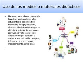 Uso de los medios o materiales didácticos
• El uso de material concreto desde
los primeros años ofrece a los
estudiantes la posibilidad de
manipular, indagar, descubrir,
observar, al mismo tiempo que se
ejercita la práctica de normas de
convivencia y el desarrollo de
valores como por ejemplo: la
cooperación, solidaridad, respeto,
tolerancia, la protección del
medioambiente, entre otros.
.
 