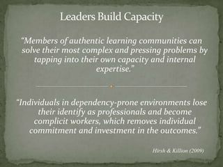 Leaders Build Capacity“Members of authentic learning communities can solve their most complex and pressing problems by tapping into their own capacity and internal expertise.”“Individuals in dependency-prone environments lose their identify as professionals and become complicit workers, which removes individual commitment and investment in the outcomes.”Hirsh & Killion (2009)