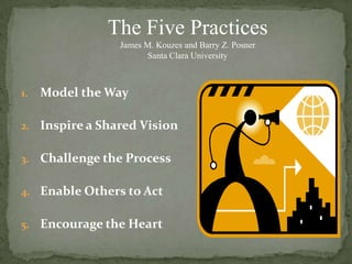 The Five PracticesJames M. Kouzes and Barry Z. PosnerSanta Clara UniversityModel the Way Inspire a Shared VisionChallenge the ProcessEnable Others to ActEncourage the Heart