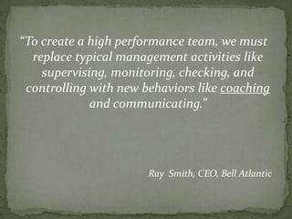 “Coaching is the process and a relationship that empowers individuals to explore their innermost thoughts, strengths, beliefs, and goals to create outer results.”Reiss (2007)