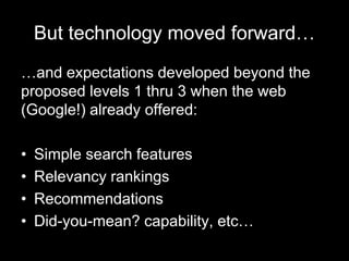 But technology moved forward…
…and expectations developed beyond the
proposed levels 1 thru 3 when the web
(Google!) already offered:
• Simple search features
• Relevancy rankings
• Recommendations
• Did-you-mean? capability, etc…
 