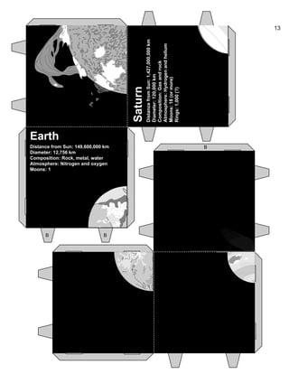 13
Earth
Distance from Sun: 149,600,000 km
Diameter: 12,756 km
Composition: Rock, metal, water
Atmosphere: Nitrogen and ox...