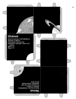 15
Uranus
Distance from Sun: 2,871,000,000 km
Diameter: 51,800 km
Composition: Gas and rock
Atmosphere: Hydrogen, helium, ...