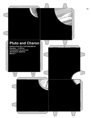 19
Pluto and Charon
Distance from Sun: 5,913,000,000 km
Diameter: ~ 2,330 km
Composition: Ice and rock
Atmosphere: Methane
Moons: 1
E E
E
 