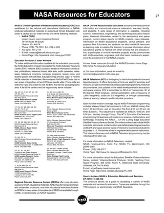 27NASA Resources for Educators
NASA On-line Resources for Educators provide current educational
information and instructional resource materials to teachers, faculty,
and students. A wide range of information is available, including
science, mathematics, engineering, and technology education lesson
plans, historical information related to the aeronautics and space
program, current status reports on NASA projects, news releases,
information on NASA educational programs, useful software, and
graphics files. Educators and students can also use NASA resources
as learning tools to explore the Internet, to access information about
educational grants, to interact with other schools that are already on-
line, to participate in on-line interactive projects, and to communicate
with NASA scientists, engineers, and other team members to experi-
ence the excitement of real NASA projects.
Access these resources through the NASA Education Home Page:
http://www.hq.nasa.gov/education
or, for more infromation, send an e-mail to:
comments@spacelink.msfc.nasa.gov
NASA Television (NTV) is the Agency’s distribution system for live and
taped programs. It offers the public a front-row seat for launches and
missions,aswellasinformationalandeducationalprogramming,historical
documentaries, and updates on the latest developments in aeronautics
and space science. NTV is transmitted on GE-2 on Transponder 9C at
85 degrees West longitude, vertical polarization, with a frequency of
3,880 megahertz, audio on 6.8 megahertz, or through collaborating
distance learning networks and local cable providers.
Apartfromlivemissioncoverage,regularNASATelevisionprogramming
includes a News Video File from noon to 1:00 pm, a NASA History File
from 1:00 to 2:00 pm, and an Education File from 2:00 to 3:00 pm (all
times Eastern). This sequence is repeated at 3:00 pm, 6:00 pm, and
9:00 pm, Monday through Friday. The NTV Education File features
programming for teachers and students on science, mathematics, and
technology, including the NASA. . .On the Cutting Edge Education
Satellite Videoconference Series. The videoconferences include NASA
scientists,astronauts,andeducationspecialistspresentingaeronautics
and Earth and space science topics of interest to teachers and students
of grades 5-12. The series is free to registered educational institutions.
The videoconferences and all NASA Television programming may be
videotaped for later use.
For more information on NASA Television, contact:
NASA Headquarters, Code P-2, NASA TV, Washington, DC
20546-0001
Phone: (202) 358-3572
Home Page: http://www.hq.nasa.gov/office/pao/ntv.html
For more information about the Education Satellite Videoconference
Series, contact: Videoconference Producer, NASA Teaching From
Space Program, 308 CITD, Room A, Oklahoma State University,
Stillwater, OK 74078-8089
E-mail: edge@aesp.nasa.okstate.edu
Home Page: http://www.okstate.edu/aesp/VC.html
How to Access NASA’s Education Materials and Services,
EP-1996-11-345-HQ
This brochure serves as a guide to accessing a variety of NASA
materials and services for educators. Copies are available through the
TRC network, or electronically via NASA Spacelink.
Regional Educator Resource Centers (RERCs) offer more educators
accesstoNASAeducationalmaterials.NASAhasformedpartnerships
with universities, museums, and other educational institutions to serve
asRERCsinmanystates.AcompletelistofRERCsisavailablethrough
CORE, or electronically via NASA Spacelink.
NASA’s Central Operation of Resources for Educators (CORE) was
established for the national and international distribution of NASA-
produced educational materials in audiovisual format. Educators can
obtain a catalog and an order form by one of the following methods:
• NASA CORE
Lorain County Joint Vocational School
15181 Route 58 South
Oberlin, OH 44074
• Phone (216) 774-1051, Ext. 249 or 293
• Fax (216) 774-2144
• E-mail: nasaco@leeca8.leeca.ohio.gov
• Home Page: http://spacelink.msfc.nasa.gov/CORE
Educator Resource Center Network
To make additional information available to the education community,
the NASA Education Division has created the NASA Educator Resource
Center (ERC) network. ERCs contain a wealth of information for educa-
tors: publications, reference books, slide sets, audio cassettes, video-
tapes, telelecture programs, computer programs, lesson plans, and
teacher guides with activities. Educators may preview, copy, or receive
NASA materials at these sites. Because each NASA Field Center has its
own areas of expertise, no two ERCs are exactly alike. Phone calls are
welcome if you are unable to visit the ERC that serves your geographic
area. A list of the centers and the regions they serve includes:
AK, AZ, CA, HI, ID, MT, NV, OR,
UT, WA, WY
NASA Educator Resource Center
Mail Stop 253-2
NASA Ames Research Center
Moffett Field, CA 94035-1000
Phone: (415) 604-3574
CT, DE, DC, ME, MD, MA, NH,
NJ, NY, PA, RI, VT
NASA Educator Resource Laboratory
Mail Code 130.3
NASA Goddard Space Flight Center
Greenbelt, MD 20771-0001
Phone: (301) 286-8570
CO, KS, NE, NM, ND, OK, SD, TX
NASA Educator Resource Room
Mail Code AP-2
NASA Johnson Space Center
2101 NASA Road One
Houston, TX 77058-3696
Phone: (281) 483-8696
FL, GA, PR, VI
NASA Educator Resource Laboratory
Mail Code ERL
NASA Kennedy Space Center
Kennedy Space Center, FL 32899-0001
Phone: (407) 867-4090
KY, NC, SC, VA, WV
Virginia Air and Space Museum
NASA Educator Resource Center for
NASA Langley Research Center
600 Settler’s Landing Road
Hampton, VA 23669-4033
Phone: (757) 727-0900 x 757
IL, IN, MI, MN, OH, WI
NASA Educator Resource Center
Mail Stop 8-1
NASA Lewis Research Center
21000 Brookpark Road
Cleveland, OH 44135-3191
Phone: (216) 433-2017
AL, AR, IA, LA, MO,TN
U.S. Space and Rocket Center
NASA Educator Resource Center for
NASA Marshall Space Flight Center
P.O. Box 070015
Huntsville, AL 35807-7015
Phone: (205) 544-5812
MS
NASA Educator Resource Center
Building 1200
NASA Stennis Space Center
Stennis Space Center, MS 39529-6000
Phone: (601) 688-3338
NASA Educator Resource Center
JPL Educational Outreach
Mail Stop CS-530
NASA Jet Propulsion Laboratory
4800 Oak Grove Drive
Pasadena, CA 91109-8099
Phone: (818) 354-6916
CA cities near the center
NASA Educator Resource Center for
NASA Dryden Flight Research Center
45108 N. 3rd Street East
Lancaster, CA 93535
Phone: (805) 948-7347
VA and MD's Eastern Shores
NASA Educator Resource Lab
Education Complex - Visitor Center
Building J-1
NASA Wallops Flight Facility
Wallops Island, VA 23337-5099
Phone: (757) 824-2297/2298
 
