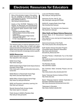 28 Electronic Resources for Educators
The following listing of Internet addresses will pro-
vide users with robust links to Earth and space
scienceeducationalmaterialsthroughouttheWWW.
NASA resources begin with sites that cover a range
of topics and become increasingly science specific.
NASA Resources
NASA Spacelink (See inside front cover.)
http://spacelink.msfc.nasa.gov
NASA Home Page
http://www.nasa.gov/
NASA Goddard Space Flight Center Space Science
Education Home Page
hhtp://www.gsfc.nasa.gov/education/education_
home.html
NASA Mission to Planet Earth Home Page
http://www.usra.edu/mtpe/mtpe.html
NASA Office of Space Science Home Page
http://www.hq.nasa.gov/office/oss
NASA Jet Propulsion Laboratory Learning Link
http://learn.jpl.nasa.gov
Remote Sensing Public Access Center
http://www.rspac.ivv.nasa.gov
Public Access to NASA’s Planetary Data
http://pds.jpl.nasa.gov/public
Lunar and Planetary Institute
http://cass.jsc.nasa.gov/lpi.html
Astronomy On-line: Ask Dr. Sue
http://sdcd.gsfc.nasa.gov/ISTO/ASK
NASA/JPL Imaging Radar Home Page
http://southport.jpl.nasa.gov
Global Quest: The Internet in the Classroom
http://quest.arc.nasa.gov
Other Earth and Space Science Resources
Arizona Mars K-12 Educational Supplement
and Guide
http://esther.la.asu.edu/cgi-bin/imagemap/tes_
home?144,327
Astronomical Society of the Pacific
http://www.physics.sfsu.edu/asp/asp.html
Earth System Science Education Program
Universities Space Research Association
http://www.usra.edu/esse/
Educational_Resources.html
The Nine Planets: A Multimedia Tour of the Solar
System
http://seds.lpl.arizona.edu/nineplanets/nineplanets/
nineplanets.html
The Planetary Society
http://planetary.org/tps/
San Francisco State University Physics and As-
tronomy
http://www.physics.sfsu.edu/educate.html
Space Telescope Science Institute (STScI)
http://www.stsci.edu
Space Telescope Science Institute Exploration in
Education (EXInED) Picture Books
http://stsci.edu/exined-html/exined-home.html
Telescopes In Education
http://www.mtwilson.edu/tie.html
Many of the planetary images in this publica-
tion are available to educators in the file
“WelcometothePlanets,”viatheWorldWide
Web (WWW) located at:
http://pds.jpl.nasa.gov/planets
Copies of the CD-ROM “Welcome to the
Planets” for Macintosh and DOS/Windows
platforms are available for purchase through
the National Space Science Data Center.
Contact:
Request Coordination Office
National Space Science Data Center
Code 633.4
NASA Goddard Space Flight Center
Greenbelt, MD 20771
E-mail: request@nssdca.gsfc.nasa.gov
 