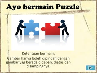 Ayo bermain Puzzle
Ketentuan bermain:
Gambar hanya boleh dipindah dengan
gambar yag berada didepan, diatas dan
disampingnya.
 