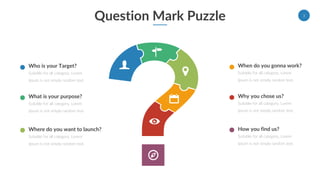 Question Mark Puzzle
Who is your Target?
Suitable for all category, Lorem
Ipsum is not simply random text.
What is your purpose?
Suitable for all category, Lorem
Ipsum is not simply random text.
Where do you want to launch?
Suitable for all category, Lorem
Ipsum is not simply random text.
When do you gonna work?
Suitable for all category, Lorem
Ipsum is not simply random text.
Why you chose us?
Suitable for all category, Lorem
Ipsum is not simply random text.
How you find us?
Suitable for all category, Lorem
Ipsum is not simply random text.
3
 