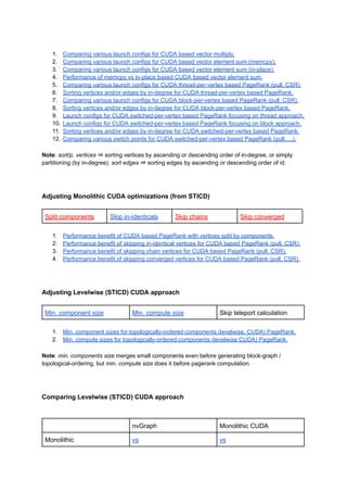 1. Comparing various launch configs for CUDA based vector multiply.
2. Comparing various launch configs for CUDA based vector element sum (memcpy).
3. Comparing various launch configs for CUDA based vector element sum (in-place).
4. Performance of memcpy vs in-place based CUDA based vector element sum.
5. Comparing various launch configs for CUDA thread-per-vertex based PageRank (pull, CSR).
6. Sorting vertices and/or edges by in-degree for CUDA thread-per-vertex based PageRank.
7. Comparing various launch configs for CUDA block-per-vertex based PageRank (pull, CSR).
8. Sorting vertices and/or edges by in-degree for CUDA block-per-vertex based PageRank.
9. Launch configs for CUDA switched-per-vertex based PageRank focusing on thread approach.
10. Launch configs for CUDA switched-per-vertex based PageRank focusing on block approach.
11. Sorting vertices and/or edges by in-degree for CUDA switched-per-vertex based PageRank.
12. Comparing various switch points for CUDA switched-per-vertex based PageRank (pull, ...).
Note: sort/p. vertices ⇒ sorting vertices by ascending or descending order of in-degree, or simply
partitioning (by in-degree). sort edges ⇒ sorting edges by ascending or descending order of id.
Adjusting Monolithic CUDA optimizations (from STICD)
Split components Skip in-identicals Skip chains Skip converged
1. Performance benefit of CUDA based PageRank with vertices split by components.
2. Performance benefit of skipping in-identical vertices for CUDA based PageRank (pull, CSR).
3. Performance benefit of skipping chain vertices for CUDA based PageRank (pull, CSR).
4. Performance benefit of skipping converged vertices for CUDA based PageRank (pull, CSR).
Adjusting Levelwise (STICD) CUDA approach
Min. component size Min. compute size Skip teleport calculation
1. Min. component sizes for topologically-ordered components (levelwise, CUDA) PageRank.
2. Min. compute sizes for topologically-ordered components (levelwise CUDA) PageRank.
Note: min. components size merges small components even before generating block-graph /
topological-ordering, but min. compute size does it before pagerank computation.
Comparing Levelwise (STICD) CUDA approach
nvGraph Monolithic CUDA
Monolithic vs vs
 