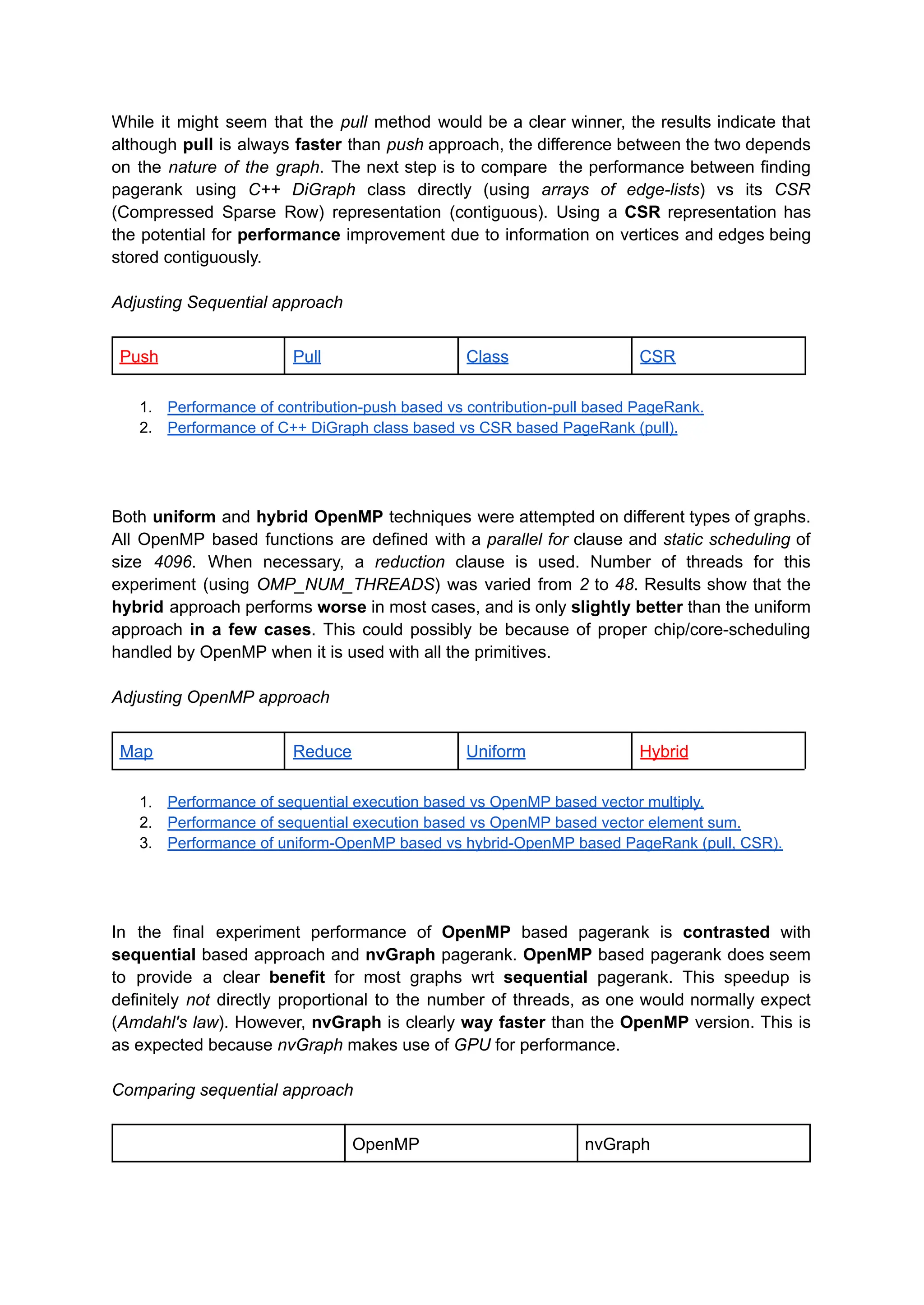 While it might seem that the pull method would be a clear winner, the results indicate that
although pull is always faster than push approach, the difference between the two depends
on the nature of the graph. The next step is to compare the performance between finding
pagerank using C++ DiGraph class directly (using arrays of edge-lists) vs its CSR
(Compressed Sparse Row) representation (contiguous). Using a CSR representation has
the potential for performance improvement due to information on vertices and edges being
stored contiguously.
Adjusting Sequential approach
Push Pull Class CSR
1. Performance of contribution-push based vs contribution-pull based PageRank.
2. Performance of C++ DiGraph class based vs CSR based PageRank (pull).
Both uniform and hybrid OpenMP techniques were attempted on different types of graphs.
All OpenMP based functions are defined with a parallel for clause and static scheduling of
size 4096. When necessary, a reduction clause is used. Number of threads for this
experiment (using OMP_NUM_THREADS) was varied from 2 to 48. Results show that the
hybrid approach performs worse in most cases, and is only slightly better than the uniform
approach in a few cases. This could possibly be because of proper chip/core-scheduling
handled by OpenMP when it is used with all the primitives.
Adjusting OpenMP approach
Map Reduce Uniform Hybrid
1. Performance of sequential execution based vs OpenMP based vector multiply.
2. Performance of sequential execution based vs OpenMP based vector element sum.
3. Performance of uniform-OpenMP based vs hybrid-OpenMP based PageRank (pull, CSR).
In the final experiment performance of OpenMP based pagerank is contrasted with
sequential based approach and nvGraph pagerank. OpenMP based pagerank does seem
to provide a clear benefit for most graphs wrt sequential pagerank. This speedup is
definitely not directly proportional to the number of threads, as one would normally expect
(Amdahl's law). However, nvGraph is clearly way faster than the OpenMP version. This is
as expected because nvGraph makes use of GPU for performance.
Comparing sequential approach
OpenMP nvGraph
 