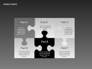 PUZZLE PARTS
Part A Part B Part C
Part F
Part E
Part D
This is an
example text.
Go ahead and
replace it with
your own text.
This is an example
text. Go ahead and
replace.
This is an
example text.
Go ahead and
replace it with
your own text.
This is an example
text. Go ahead and
replace it with your
own text.
This is an example
text. Go ahead and
replace it with your
own text.
This is an example
text. Go ahead and
replace it with your
own text.
 