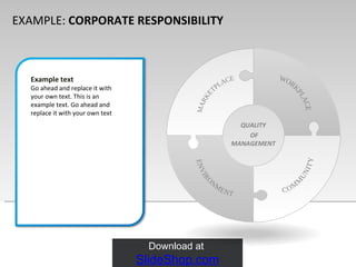 EXAMPLE:  CORPORATE RESPONSIBILITY WORKPLACE COMMUNITY ENVIRONMENT MARKETPLACE QUALITY OF MANAGEMENT Example text Go ahead and replace it with your own text. This is an example text. Go ahead and replace it with your own text 
