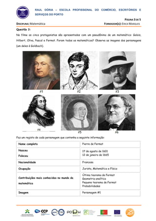 RAUL DÓRIA – ESCOLA PROFISSIONAL DO COMÉRCIO, ESCRITÓRIOS E
SERVIÇOS DO PORTO
PÁGINA 3 DE 5
DISCIPLINA: Matemática FORMADOR(A): ERICA MARQUES
Raul Dória
Escola Profissional
Questão 3:
No filme os cinco protagonistas são apresentados com um pseudônimo de um matemático: Galois,
Hilbert, Oliva, Pascal e Fermat. Foram todos os matemáticos? Observa as imagens dos personagens
(um deles é Goldbach).
Faz um registo de cada personagem que contenha a seguinte informação:
Nome completo Pierre de Fermat
Nasceu
Faleceu
17 de agosto de 1601
12 de janeiro de 1665
Nacionalidade Francesa
Ocupação Jurista, Matemático e Físico
Contribuições mais conhecidas no mundo da
matemática
Último teorema de Fermat
Geometria analítica
Pequeno teorema de Fermat
Probabilidades
Imagem Personagem #1
 