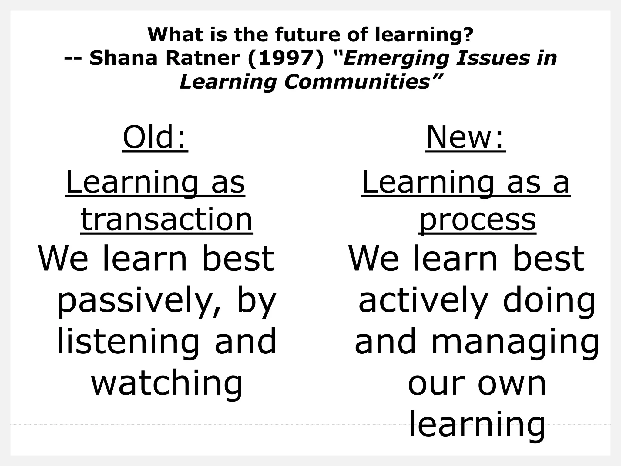 New:
Learning as a
process
We learn best
passively, by
listening and
watching
Old:
Learning as
transaction
We learn best
actively doing
and managing
our own
learning
What is the future of learning?
-- Shana Ratner (1997) “Emerging Issues in
Learning Communities”
 
