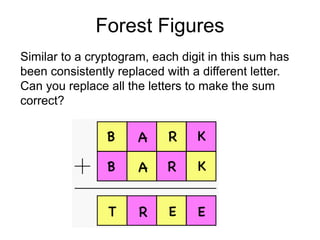 Forest Figures
Similar to a cryptogram, each digit in this sum has
been consistently replaced with a different letter.
Can you replace all the letters to make the sum
correct?
 