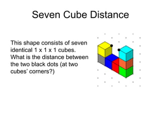 Seven Cube Distance

This shape consists of seven
identical 1 x 1 x 1 cubes.
What is the distance between
the two black dots (at two
cubes’ corners?)
 
