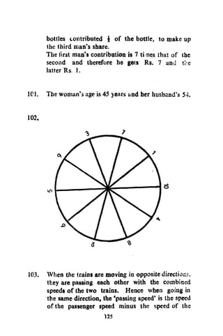 bottles contributed $ of the bottle, to make up
the third man's share.
The first man's contribution is 7 times that of the
second and therefore he gets Rs. 7 and ti e
latter Rs. 1.
101. The woman's age is 45 years &nd her husband's 54.

102.

103. When the trains are moving in opposite direction?,
they are passing each other with the combined
speeds of the two trains. Hence when going in
the same direction, the 'passing speed' is the speed
of the passenger speed minus t he speed of the
125

 