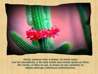 Jesús, porque ama a todos, no teme estar
con los pecadores, y de este modo nos revela quién es Dios.
     Por tanto, si Dios es así, si Jesús es así, también tú
           debes albergar idénticos sentimientos.
 