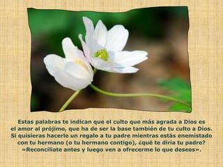 Estas palabras te indican que el culto que más agrada a Dios es
el amor al prójimo, que ha de ser la base también de tu culto a Dios.
Si quisieras hacerle un regalo a tu padre mientras estás enemistado
   con tu hermano (o tu hermano contigo), ¿qué te diría tu padre?
    «Reconcíliate antes y luego ven a ofrecerme lo que desees».
 