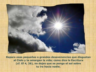 Repara esas pequeñas o grandes desavenencias que disgustan
     al Cielo y te amargan la vida; como dice la Escritura
       (cf. Ef 4, 26), no dejes que se ponga el sol sobre
                        tu ira hacia nadie.
 