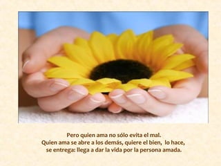Pero quien ama no sólo evita el mal.
Quien ama se abre a los demás, quiere el bien, lo hace,
se entrega: llega a dar la vida por la persona amada.
 