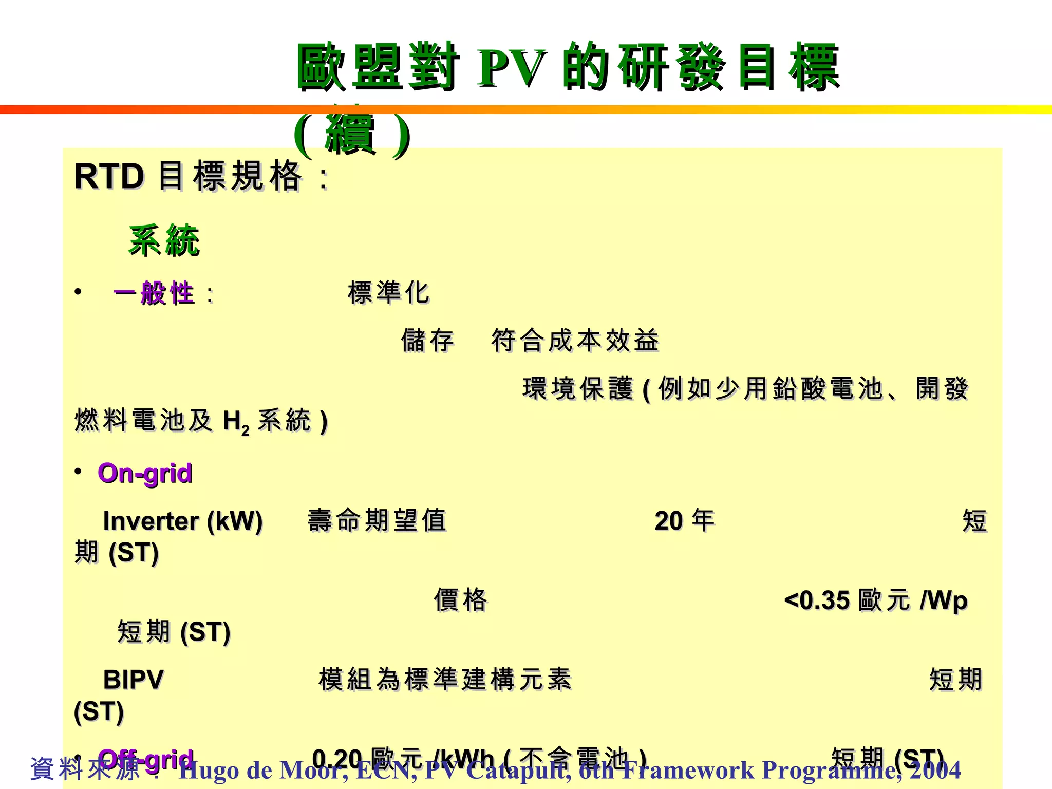 RTD 目標規格： 系統 一般性 ：  標準化 儲存  符合成本效益 環境保護 ( 例如少用鉛酸電池、開發燃料電池及 H 2 系統 )  On-grid Inverter (kW)  壽命期望值  20 年  短期 (ST)  價格  <0.35 歐元 /Wp  短期 (ST)  BIPV  模組為標準建構元素  短期 (ST)  Off-grid  0.20 歐元 /kWh ( 不含電池 )  短期 (ST)  0.15 歐元 /kWh  中期 (MT) 聚光型太陽電池  低成本透鏡及循跡系統  中期 (MT) 資料來源： Hugo de Moor, ECN, PV Catapult, 6th Framework Programme, 2004 歐盟對 PV 的研發目標 ( 續 ) 