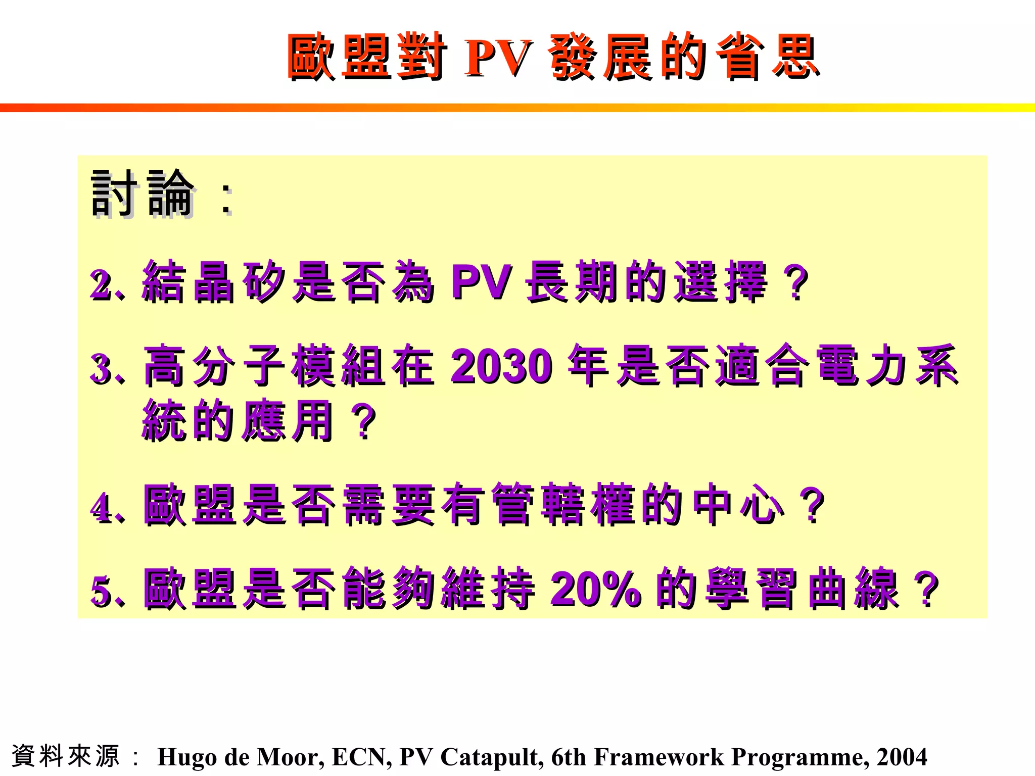 歐盟對 PV 發展的省思 討論： 結晶矽是否為 PV 長期的選擇？ 高分子模組在 2030 年是否適合電力系統的應用？ 歐盟是否需要有管轄權的中心？ 歐盟是否能夠維持 20% 的學習曲線？ 資料來源： Hugo de Moor, ECN, PV Catapult, 6th Framework Programme, 2004 