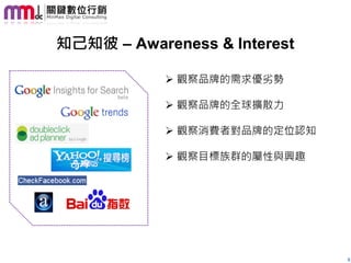 知己知彼 – Awareness & Interest

             觀察品牌的需求優劣勢

             觀察品牌的全球擴散力

             觀察消費者對品牌的定位認知

             觀察目標族群的屬性與興趣




                              8
 