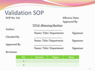 Validation SOP
SOP No. Val: Effective Date:
Approved By:
TITLE: Blistering Machine
Author: _____________________
Name/ Title/ Department Signature
Checked By: _____________________
Name, Title/ Department Signature
Approved By: _____________________
Name/ Title/ Department Signature
Revisions:
No. Section Pages Date
1
2
12
 