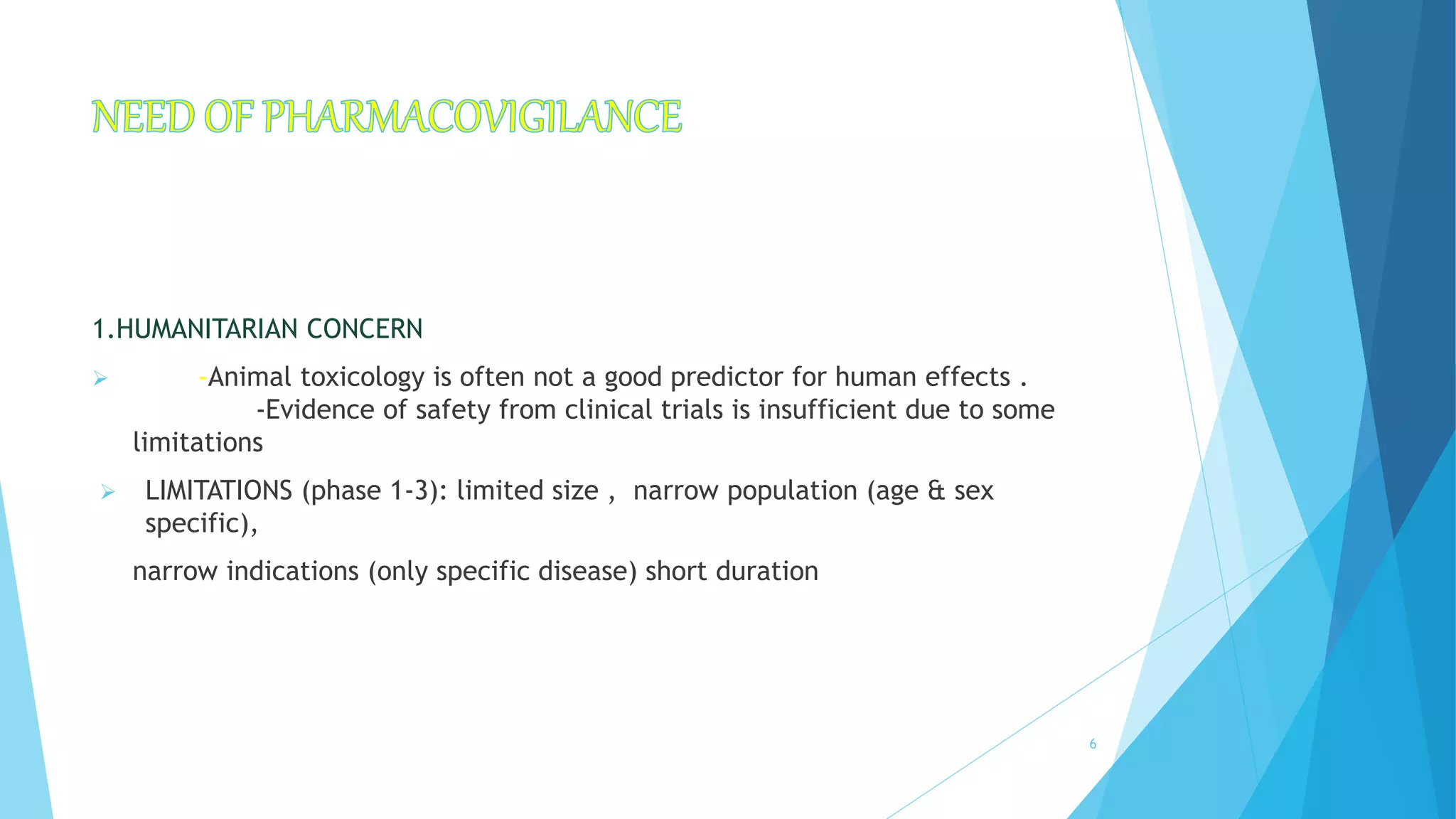 1.HUMANITARIAN CONCERN
 -Animal toxicology is often not a good predictor for human effects .
-Evidence of safety from clinical trials is insufficient due to some
limitations
 LIMITATIONS (phase 1-3): limited size , narrow population (age & sex
specific),
narrow indications (only specific disease) short duration
6
 