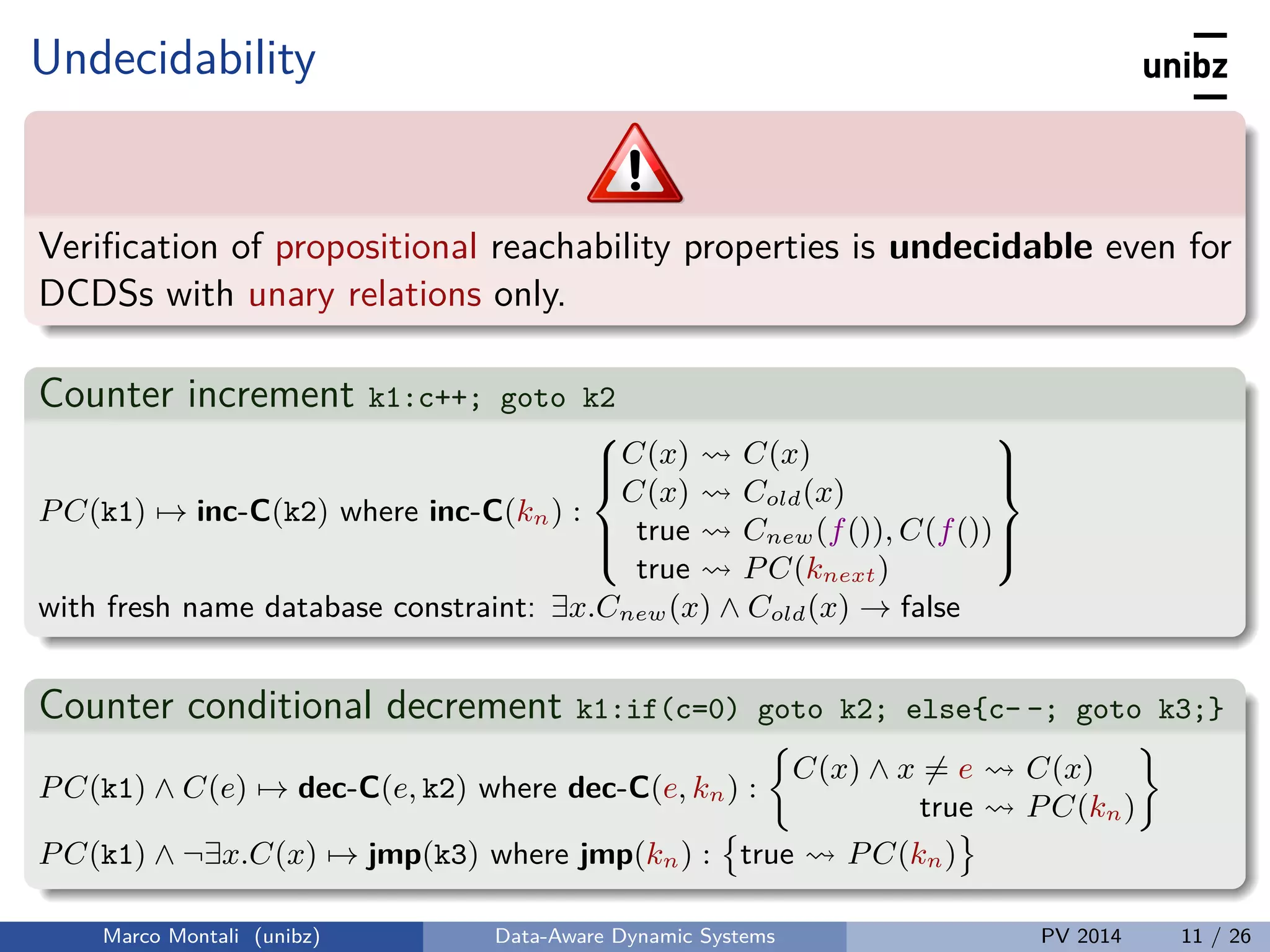 Undecidability
Veriﬁcation of propositional reachability properties is undecidable even for
DCDSs with unary relations only.
Counter increment k1:c++; goto k2
PC(k1) → inc-C(k2) where inc-C(kn) :



C(x) C(x)
C(x) Cold(x)
true Cnew(f()), C(f())
true PC(knext)



with fresh name database constraint: ∃x.Cnew(x) ∧ Cold(x) → false
Counter conditional decrement k1:if(c=0) goto k2; else{c- -; goto k3;}
PC(k1) ∧ C(e) → dec-C(e, k2) where dec-C(e, kn) :
C(x) ∧ x = e C(x)
true PC(kn)
PC(k1) ∧ ¬∃x.C(x) → jmp(k3) where jmp(kn) : true PC(kn)
Marco Montali (unibz) Data-Aware Dynamic Systems PV 2014 11 / 26
 