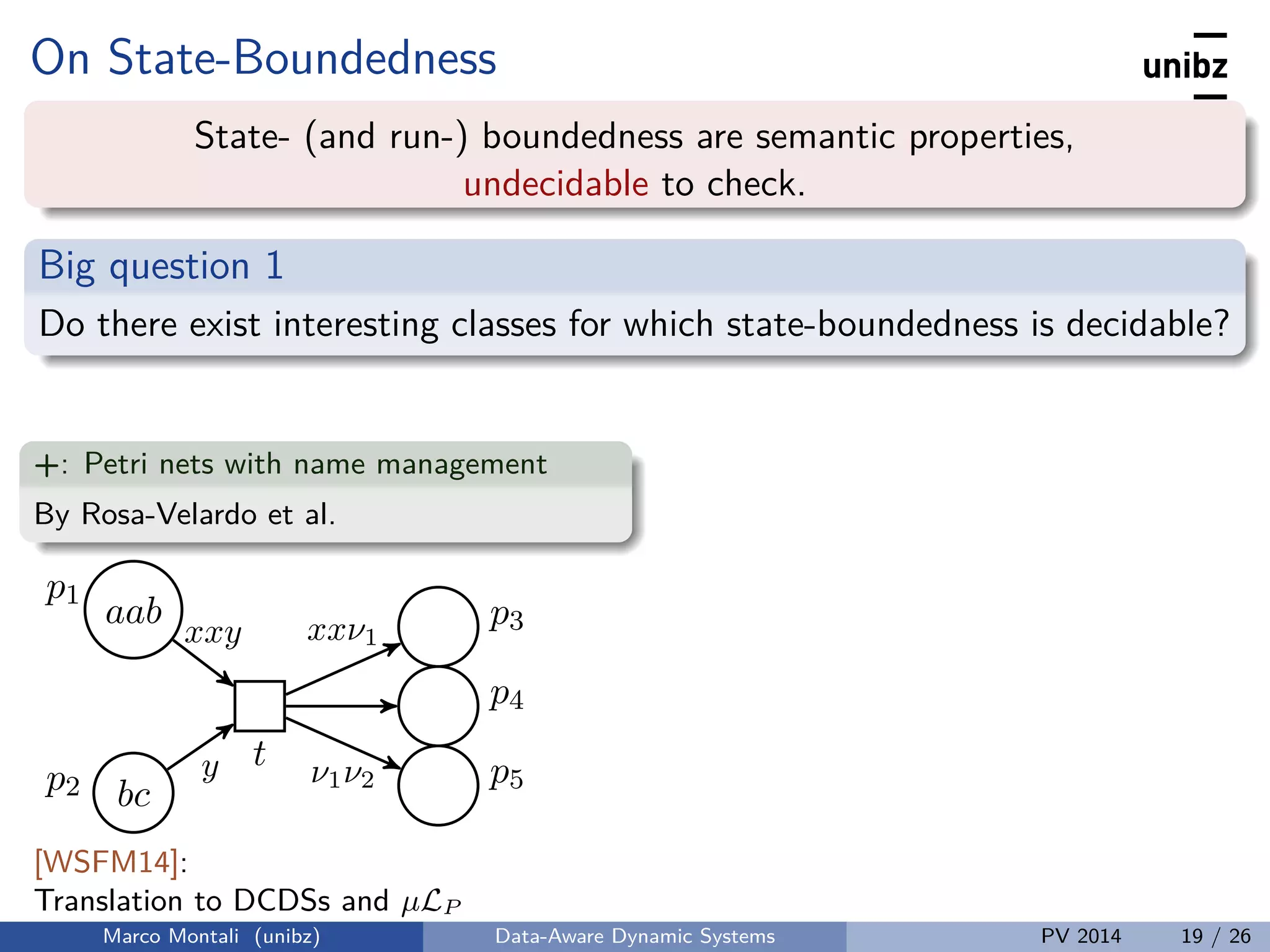 On State-Boundedness
State- (and run-) boundedness are semantic properties,
undecidable to check.
Big question 1
Do there exist interesting classes for which state-boundedness is decidable?
+: Petri nets with name management
By Rosa-Velardo et al.
t
bcp2
aab
p1
p4
p3
p5y
xxy xxν1
ν1ν2
[WSFM14]:
Translation to DCDSs and µLP
veriﬁcation.Marco Montali (unibz) Data-Aware Dynamic Systems PV 2014 19 / 26
 