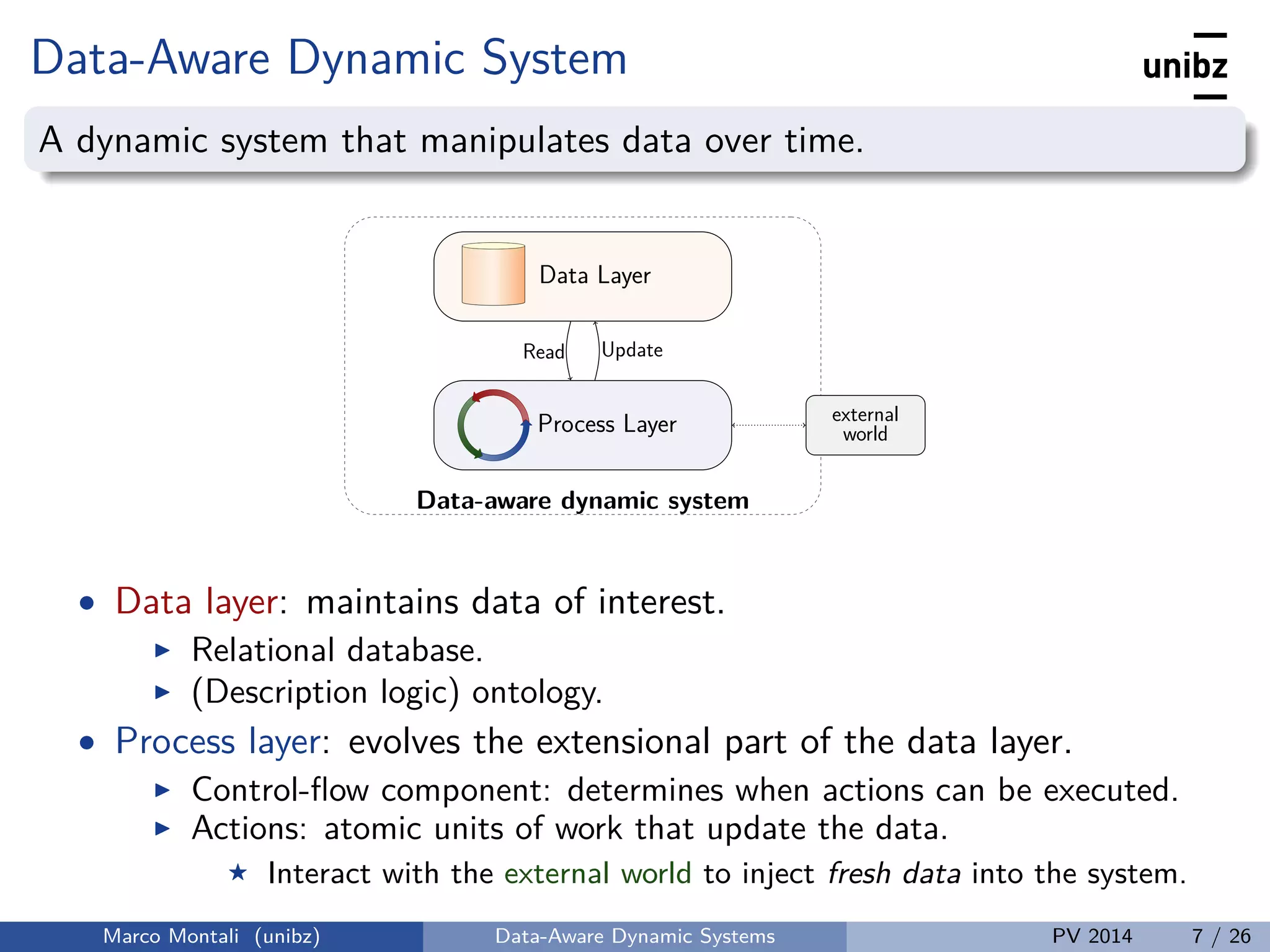 Data-Aware Dynamic System
A dynamic system that manipulates data over time.
Data-aware dynamic system
Data Layer
Process Layer external
world
UpdateRead
• Data layer: maintains data of interest.
Relational database.
(Description logic) ontology.
• Process layer: evolves the extensional part of the data layer.
Control-ﬂow component: determines when actions can be executed.
Actions: atomic units of work that update the data.
Interact with the external world to inject fresh data into the system.
Marco Montali (unibz) Data-Aware Dynamic Systems PV 2014 7 / 26
 