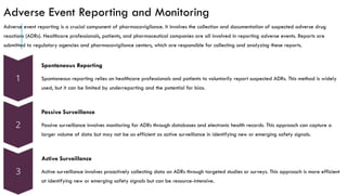 Adverse Event Reporting and Monitoring
Adverse event reporting is a crucial component of pharmacovigilance. It involves the collection and documentation of suspected adverse drug
reactions (ADRs). Healthcare professionals, patients, and pharmaceutical companies are all involved in reporting adverse events. Reports are
submitted to regulatory agencies and pharmacovigilance centers, which are responsible for collecting and analyzing these reports.
Spontaneous Reporting
Spontaneous reporting relies on healthcare professionals and patients to voluntarily report suspected ADRs. This method is widely
used, but it can be limited by underreporting and the potential for bias.
Passive Surveillance
Passive surveillance involves monitoring for ADRs through databases and electronic health records. This approach can capture a
larger volume of data but may not be as efficient as active surveillance in identifying new or emerging safety signals.
Active Surveillance
Active surveillance involves proactively collecting data on ADRs through targeted studies or surveys. This approach is more efficient
at identifying new or emerging safety signals but can be resource-intensive.
 