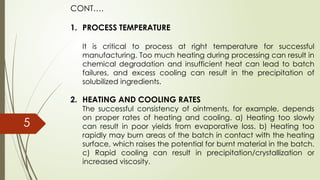CONT….
1. PROCESS TEMPERATURE
It is critical to process at right temperature for successful
manufacturing. Too much heating during processing can result in
chemical degradation and insufficient heat can lead to batch
failures, and excess cooling can result in the precipitation of
solubilized ingredients.
2. HEATING AND COOLING RATES
The successful consistency of ointments, for example, depends
on proper rates of heating and cooling. a) Heating too slowly
can result in poor yields from evaporative loss. b) Heating too
rapidly may burn areas of the batch in contact with the heating
surface, which raises the potential for burnt material in the batch.
c) Rapid cooling can result in precipitation/crystallization or
increased viscosity.
5
 