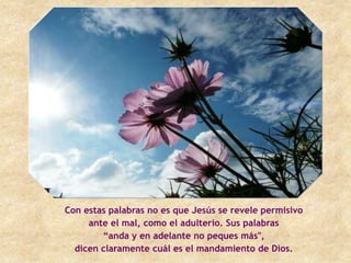 Con estas palabras no es que Jesús se revele permisivo
     ante el mal, como el adulterio. Sus palabras
        “anda y en adelante no peques más",
  dicen claramente cuál es el mandamiento de Dios.
 