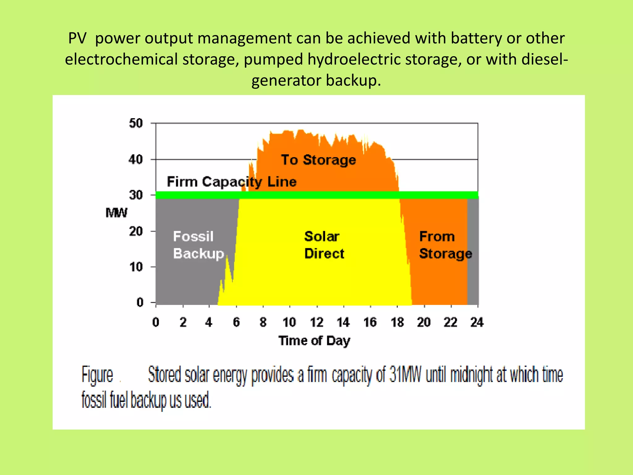 PV power output management can be achieved with battery or other
electrochemical storage, pumped hydroelectric storage, or with diesel-
generator backup.
 