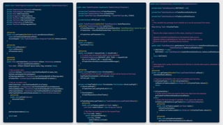 public class TasksFragment extends Fragment implements TasksContract.View {
private TasksContract.Presenter mPresenter;
private TasksAdapter mListAdapter;
private View mNoTasksView;
private ImageView mNoTaskIcon;
private TextView mNoTaskMainView;
private TextView mNoTaskAddView;
private LinearLayout mTasksView;
private TextView mFilteringLabelView;
...
@Override
public void onCreate(@Nullable Bundle savedInstanceState) {
super.onCreate(savedInstanceState);
mListAdapter = new TasksAdapter(new ArrayList<Task>(0), mItemListener);
}
@Override
public void onResume() {
super.onResume();
mPresenter.start();
}
@Nullable
@Override
public View onCreateView(LayoutInﬂater inﬂater, ViewGroup container,
Bundle savedInstanceState) {
View root = inﬂater.inﬂate(R.layout.tasks_frag, container, false);
// Set up tasks view
ListView listView = (ListView) root.ﬁndViewById(R.id.tasks_list);
listView.setAdapter(mListAdapter);
mFilteringLabelView = (TextView) root.ﬁndViewById(R.id.ﬁlteringLabel);
mTasksView = (LinearLayout) root.ﬁndViewById(R.id.tasksLL);
// Set up no tasks view
mNoTasksView = root.ﬁndViewById(R.id.noTasks);
mNoTaskIcon = (ImageView) root.ﬁndViewById(R.id.noTasksIcon);
mNoTaskMainView = (TextView) root.ﬁndViewById(R.id.noTasksMain);
mNoTaskAddView = (TextView) root.ﬁndViewById(R.id.noTasksAdd);
mNoTaskAddView.setOnClickListener(new View.OnClickListener() {
@Override
public void onClick(View v) {
showAddTask();
}
});
...
setHasOptionsMenu(true);
return root;
}
...
public class TasksPresenter implements TasksContract.Presenter {
private ﬁnal TasksRepository mTasksRepository;
private ﬁnal TasksContract.View mTasksView;
private TasksFilterType mCurrentFiltering = TasksFilterType.ALL_TASKS;
private boolean mFirstLoad = true;
public TasksPresenter(@NonNull TasksRepository tasksRepository,
@NonNull TasksContract.View tasksView) {
mTasksRepository = checkNotNull(tasksRepository, "tasksRepository cannot be null");
mTasksView = checkNotNull(tasksView, "tasksView cannot be null!");
mTasksView.setPresenter(this);
}
@Override
public void start() {
loadTasks(false);
}
@Override
public void result(int requestCode, int resultCode) {
// If a task was successfully added, show snackbar
if (AddEditTaskActivity.REQUEST_ADD_TASK == requestCode
&& Activity.RESULT_OK == resultCode) {
mTasksView.showSuccessfullySavedMessage();
}
}
@Override
public void loadTasks(boolean forceUpdate) {
// Simpliﬁcation for sample: a network reload will be forced on ﬁrst load.
loadTasks(forceUpdate || mFirstLoad, true);
mFirstLoad = false;
}
private void loadTasks(boolean forceUpdate, ﬁnal boolean showLoadingUI) {
if (showLoadingUI) {
mTasksView.setLoadingIndicator(true);
}
if (forceUpdate) {
mTasksRepository.refreshTasks();
}
mTasksRepository.getTasks(new TasksDataSource.LoadTasksCallback() {
@Override
public void onTasksLoaded(List<Task> tasks) {
List<Task> tasksToShow = new ArrayList<Task>()
// We ﬁlter the tasks based on the requestType
for (Task task : tasks) {
switch (mCurrentFiltering) {
case ALL_TASKS:
tasksToShow.add(task);
break;
case ACTIVE_TASKS:
public class TasksRepository implements TasksDataSource {
private static TasksRepository INSTANCE = null;
private ﬁnal TasksDataSource mTasksRemoteDataSource;
private ﬁnal TasksDataSource mTasksLocalDataSource;
/**
* This variable has package local visibility so it can be accessed from tests.
*/
Map<String, Task> mCachedTasks;
/**
* Returns the single instance of this class, creating it if necessary.
*
* @param tasksRemoteDataSource the backend data source
* @param tasksLocalDataSource the device storage data source
* @return the {@link TasksRepository} instance
*/
public static TasksRepository getInstance(TasksDataSource tasksRemoteDataSource,
TasksDataSource tasksLocalDataSource) {
if (INSTANCE == null) {
INSTANCE = new TasksRepository(tasksRemoteDataSource, tasksLocalDataSource);
}
return INSTANCE;
}
/**
* Gets tasks from cache, local data source (SQLite) or remote data source, whichever is
* available ﬁrst.
*/
@Override
public void getTasks(@NonNull ﬁnal LoadTasksCallback callback) {
checkNotNull(callback);
// Respond immediately with cache if available and not dirty
if (mCachedTasks != null && !mCacheIsDirty) {
callback.onTasksLoaded(new ArrayList<>(mCachedTasks.values()));
return;
}
if (mCacheIsDirty) {
// If the cache is dirty we need to fetch new data from the network.
getTasksFromRemoteDataSource(callback);
} else {
// Query the local storage if available. If not, query the network.
mTasksLocalDataSource.getTasks(new LoadTasksCallback() {
@Override
public void onTasksLoaded(List<Task> tasks) {
refreshCache(tasks);
callback.onTasksLoaded(new ArrayList<>(mCachedTasks.values()));
}
@Override
public void onDataNotAvailable() {
getTasksFromRemoteDataSource(callback);
}
 