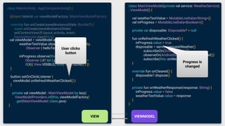 class MainViewModel(private val service: WeatherService)
: ViewModel() {
val weatherTextValue = MutableLiveData<String>()
val inProgress = MutableLiveData<Boolean>()
private var disposable: Disposable? = null
fun onRefreshWeatherClicked() {
inProgress.value = true
disposable = service.requestWeather()
.subscribeOn(Schedulers.io())
.observeOn(AndroidSchedulers.mainThread())
.subscribe(this::onWeatherResponse)
}
override fun onCleared() {
disposable?.dispose()
}
private fun onWeatherResponse(response: String) {
inProgress.value = false
weatherTextValue.value = response
}
}
Progress is
changed
class MainActivity : AppCompatActivity() {
@Inject lateinit var viewModelFactory: MainViewModelFactory
override fun onCreate(savedInstanceState: Bundle?) {
super.onCreate(savedInstanceState)
setContentView(R.layout.activity_main)
Dependencies.inject(this)
val viewModel = viewModel.apply {
weatherTextValue.observe(this@MainActivity,
Observer { helloTextView.text = it })
inProgress.observe(this@MainActivity,
Observer { it?.let { progressBar.visibility =
if(it){ View.VISIBLE} else{ View.GONE} } })
}
button.setOnClickListener {
viewModel.onRefreshWeatherClicked() }
}
private val viewModel : MainViewModel by lazy{
ViewModelProviders.of(this, viewModelFactory)
.get(MainViewModel::class.java)
}
User clicks
button
 