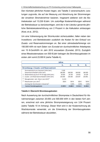 4. Wirtschaftlichkeitsbetrachtung von PV-Contracting anhand eines Fallbeispiels
56
Den höchsten jährlichen Kosten liegen, wie Tabelle 3 veranschaulicht, Leis-
tungen zugrunde, die auf der Messung und Abrechnung der Strommengen
der einzelnen Stromabnehmer basieren. Insgesamt addieren sich die Be-
triebskosten auf 13.238 €/Jahr. Um zukünftige Kostenerhöhungen während
der Betriebsdauer zu berücksichtigen, wird die in der Literatur genannte jähr-
liche Betriebskostenerhöhung von 2 Prozent in die Kalkulation einbezogen
(Kost, et al., 2012).
Um eine Vollversorgung der Stromkunden sicherzustellen, fallen neben den
Investitions- und Betriebskosten zusätzlich die Kosten für den Einkauf von
Zusatz- und Reservestrommengen an. Bei einer Jahresbedarfsmenge von
156.000 kWh ist nach Daten von Eurostat ein durchschnittlicher Arbeitspreis
von 15 €-Cent/kWh im Jahr 2012 anzusetzen (Eurostat, 2013). Zuzüglich
eines Messkostensatzes von 500 €/Jahr betragen die Strombezugskosten im
ersten Jahr somit 23.900 € (siehe Tabelle 4).
Tabelle 4: Übersicht Strombezugskosten
Nach Auswertung der durchschnittlichen Strompreise in Deutschland für Ab-
nahmemengen zwischen 20.000 und 500.000 kWh in den letzten fünf Jah-
ren, errechnet sich eine jährliche Strompreissteigerung von 3,94 Prozent
(siehe Tabelle 10 im Anhang). Dieser Wert wird in der Kostenrechnung als
Wachstumsrate verwendet, um die Entwicklung der Strombezugskosten
während der Betriebsdauer abzubilden.
 