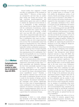 FREE
CE Immunosuppressive Therapy for Canine IMHA
                                Several studies have suggested a beneﬁ-                properties through its blockage of transcrip-
                             cial effect of azathioprine in the treatment of           tion of cytokine genes in activated T cells.
                             canine IMHA.6,11,17 However, as these studies             CsA inhibits the phosphatase activity of cal-
                             are retrospective and lack data on azathio-               cineurin, thereby preventing activation of the
                             prine timing and dosing and because mul-                  nuclear factor of activated T cells (NFAT).5,12,52
                             tiple concurrent immunosuppressive and                    NFAT activation and nuclear translocation are
                             antithrombotic agents were used, it is difﬁcult           required for the transcription of many cytok-
                             to attribute the improved survival directly to            ines, particularly interleukin-2 (IL-2), which
                             use of azathioprine. A large, retrospective               is necessary for the proliferation and matura-
                             study showed that in dogs treated for IMHA                tion of T cells.5,52,53 CsA also enhances expres-
                             with the combination of prednisone, azathio-              sion of transforming growth factor-β (TGF-β),
                             prine, and ultralow-dose aspirin (0.5 mg/kg               which is a potent inhibitor of IL-2–stimulated
                             sid), the survival rates at discharge, 1 month,           T cell proliferation and generation of antigen-
                             and 1 year were 88%, 82%, and 69%, respec-                speciﬁc cytotoxic lymphocytes.5,52 Studies indi-
                             tively, which compared favorably with rates in            cate that CsA blocks the activation of C-Jun N
                             previously reported studies (57%, 58%, 34%).17            terminal kinases and p38 signaling pathways
                             Due to azathioprine’s slow onset of action, it            triggered by antigen recognition, making CsA
                             is unlikely to play any role in improving short-          a highly speciﬁc inhibitor of T cell activation.12
                             term survival. The recommended canine load-               In addition, by suppressing the production of
                             ing dose is 2 mg/kg sid for 5 to 7 days, followed         interferon γ, CsA may inhibit the phagocytic
                             by 2 mg/kg every other day for maintenance.17             capabilities of macrophages.5,53
                             I generally continue azathioprine maintenance                 The efﬁcacy of CsA has been demonstrated
                             until the patient has been weaned off predni-             in cats and dogs undergoing renal transplan-
                             sone for 4 weeks. There is no well-established            tation and in dogs with immune-mediated
                             dose-tapering protocol for azathioprine, but I            disorders.54 One retrospective study showed
                             taper the dose gradually over 2 to 3 months by            improved outcome in dogs with IMHA that
                             extending the period of time between doses                received CsA and glucocorticoids compared
                             by 1 day every 4 weeks (TABLE 1).                         with glucocorticoids alone, but the difference
                                The most common adverse effects of azathi-             did not reach statistical signiﬁcance.8 This
 QuickNotes                  oprine therapy are GI disturbances and myelo-             ﬁnding suggests that CsA may be superior to
                             suppression, particularly in large dogs.46,48,49          glucocorticoids alone, as CsA was likely added
 Cyclophosphamide            Acute pancreatitis and cholestatic hepatopa-              only in the more severe cases. Preliminary
 is not recom-               thy have been anecdotally reported in dogs                results from a prospective study showed no
 mended for induc-           receiving azathioprine.48,50,51 The prognosis             beneﬁcial effect from combining CsA with
 tion of remission in        for azathioprine-induced bone marrow toxic-               prednisone on the survival of dogs with IMHA
 dogs with IMHA.             ity is good if the drug is discontinued before            in the ﬁrst 28 days after onset.55 However, four
                             severe myeloﬁbrosis occurs.49 Therefore, a                of the 19 dogs in the prednisone-only group
                             CBC should be obtained every week for the                 experienced relapses compared with none in
                             ﬁrst month of azathioprine therapy and every              the combination group. This study has not
                             4 weeks for the duration of therapy, and the              yet been published, and the number of sub-
                             drug should be discontinued immediately if                jects was small. In addition, a relatively small
                             the neutrophil count declines signiﬁcantly.               dose of CsA was used (4 mg/kg sid), and there
                             Due to its slow onset of immunosuppressive                was no mention of monitoring drug levels.
                             action, azathioprine is not a drug of choice for          Generally, a dosing regimen of 5 to 10 mg/kg
                             induction of remission. Conversely, due to its            sid is recommended for dogs, and plasma con-
                             selective immunosuppressive effects, few side             centrations should be periodically monitored
                             effects, availability, and relatively low cost, it is     to achieve an effective but safe trough level
                             a good choice for maintenance therapy.                    (400 to 500 ng/mL); an optimal level has not
                                                                                       been established.5
                             Cyclosporine A                                                The most common side effects of CsA in
                             Cyclosporine A (CsA) is a cyclic polypep-                 dogs include GI irritation, gingival hyper-
                             tide metabolite of the fungus Tolypocladium               plasia, antibiotic-responsive dermatitis, and
                             inﬂatum. It has potent immunosuppressive                  papillomatosis.5,54,56 Malignancies, including

 38   Compendium: Continuing Education for Veterinarians® | January 2009 | CompendiumVet.com
 