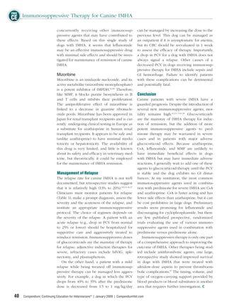 FREE
CE Immunosuppressive Therapy for Canine IMHA
                             concurrently receiving other immunosup-                   can be managed by increasing the dose to the
                             pressive agents that may have contributed to              previous level. This dog can be managed as
                             these effects. Based on this single study of              an outpatient if it is asymptomatic for anemia,
                             dogs with IMHA, it seems that leﬂunomide                  but its CBC should be reevaluated in 1 week
                             may be an effective immunosuppressive drug                to assess the efﬁcacy of therapy. Importantly,
                             with minimal side effects and should be inves-            a drop in PCV for a dog with IMHA does not
                             tigated for maintenance of remission of canine            always signal a relapse. Other causes of a
                             IMHA.                                                     decreased PCV in dogs receiving immunosup-
                                                                                       pressive therapy for IMHA include sepsis and
                             Mizoribine                                                GI hemorrhage. Failure to identify patients
                             Mizoribine is an imidazole nucleoside, and its            with these complications can be detrimental
                             active metabolite (mizoribine monophosphate)              and potentially fatal.
                             is a potent inhibitor of IMPDH.52,68 Therefore,
                             like MMF, it blocks purine biosynthesis in B              Conclusion
                             and T cells and inhibits their proliferation.             Canine patients with severe IMHA have a
                             The antiproliferative effect of mizoribine is             guarded prognosis. Despite the introduction of
                             linked to a decrease in guanine ribonucle-                several new immunosuppressive agents, mor-
                             otide pools. Mizoribine has been approved in              tality remains high.2,3,5–7,12–16 Glucocorticoids
                             Japan for renal transplant recipients and is cur-         are the mainstay of IMHA therapy for induc-
                             rently undergoing clinical testing in Europe as           tion of remission, but the addition of more
                             a substitute for azathioprine in human renal              potent immunosuppressive agents to pred-
                             transplant recipients. It appears to be safe and          nisone therapy may be warranted in severe
                             (unlike azathioprine) to have minimal myelo-              cases and in patients with major adverse
                             toxicity or hepatotoxicity. The availability of           glucocorticoid effects. Because azathioprine,
                             this drug is very limited, and little is known            CsA, leﬂunomide, and MMF are unlikely to
                             about its safety and efﬁcacy in veterinary med-           have immediate beneﬁcial effects in dogs
                             icine, but theoretically, it could be employed            with IMHA but may have immediate adverse
                             for the maintenance of IMHA remission.                    reactions, I generally wait to add one of these
                                                                                       agents to glucocorticoid therapy until the PCV
                              Management of Relapse                                    is stable and the dog exhibits no GI distur-
                             The relapse rate for canine IMHA is not well              bances. At my institution, the most common
                             documented, but retrospective studies suggest             immunosuppressive agents used in combina-
                             that it is relatively high (13% to 20%).8,9,11,16,17      tion with prednisone for severe IMHA are CsA
                             Clinicians must monitor patients for relapse              and azathioprine. CsA is faster acting and has
                             (Table 1), make a prompt diagnosis, assess the            fewer side effects than azathioprine, but it can
                             severity and the acuteness of the relapse, and            be cost prohibitive in large dogs. Preliminary
                             institute an appropriate immunosuppressive                results seem promising for leﬂunomide and
                             protocol. The choice of regimen depends on                discouraging for cyclophosphamide, but there
                             the severity of the relapse. A patient with an            are few published prospective, randomized
                             acute relapse (e.g., drop in PCV from normal              trials evaluating the use of various immuno-
                             to 25% or lower) should be hospitalized for               suppressive agents used in combination with
                             supportive care and aggressively treated to               prednisone versus prednisone alone.
                             reinduce remission. Immunosuppressive doses                   Immunosuppressive therapy is only one part
                             of glucocorticoids are the mainstay of therapy            of a comprehensive approach to improving the
                             for relapse; adjunctive induction therapies for           outcome of IMHA. Other therapies being stud-
                             severe, refractory cases include hIVIG, sple-             ied include antithrombotic agents; one large,
                             nectomy, and plasmapheresis.                              retrospective study showed improved survival
                                On the other hand, a patient with a mild               in dogs with IMHA that were treated with
                             relapse while being weaned off immunosup-                 ultralow-dose aspirin to prevent thromboem-
                             pressive therapy can be managed less aggres-              bolic complications.17 The timing, volume, and
                             sively. For example, a dog in which the PCV               type of oxygen-carrying support provided by
                             drops from 40% to 35% after the prednisone                blood products or blood substitutes is another
                             dose is decreased from 1.5 to 1 mg/kg/day                 area that requires further investigation.

 40   Compendium: Continuing Education for Veterinarians® | January 2009 | CompendiumVet.com
 