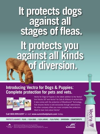 It protects dogs
                  against all
               stages of fleas.
               It protects you
              against all kinds
                  of diversion.
Introducing Vectra for Dogs & Puppies.                                                               ™




Complete protection for pets and vets.
                                                  Vectra for Dogs & Puppies is the latest addition to the Vectra®
                                                  line (Vectra 3D® and Vectra® for Cats & Kittens) of vectoricides.
                                                  It also comes with the protection of Bloodhound® Technology,
                                                  that ensures Vectra is sold exclusively through veterinarians.
                                                  No other company offers you more complete flea protection.
                                                  Want to hear more about Vectra?

Call 800.999.0297 or visit www.summitvetpharm.com today.

ProteCts agaInst: Fleas | Flea eggs | Flea larVae | Flea PuPae | DIVersIon | CounterFeIts

         ©2009 Summit VetPharm LLC, Fort Lee, NJ 07024
         Vectra, Vectra 3D and Bloodhound are registered trademarks and
         Vectra for Dogs & Puppies is a trademark of Summit VetPharm LLC. 04/09
 