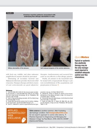 FIGURE 6
                                    Common reaction patterns associated with
                                     underlying ﬂea allergic dermatitis in cats.




                                                                                                                                         QuickNotes
                                                                                                                                         Topical or systemic
                                                                                                                                         ﬂea adulticide
                                                                                                                                         therapy may be
    Miliary dermatitis of the dorsum.                                 Self-induced alopecia of the ventral abdomen.                      the only manage-
                                                                                                                                         ment required to
                                                                                                                                         establish adequate
with feral cats, wildlife, and other unknown                          therapies. Antihistamines and essential fatty                      control over ﬂea
neighborhood animals should be prevented.                             acids are not effective in ﬂea-allergic patients.
                                                                                                                                         infestations.
   Eliminating all secondary bacterial and                               Finally, all animals in the household must
Malassezia infections provides short-term relief                      be treated with ectoparasiticide therapy to pre-
of pruritus. Shampoo therapy and short courses                        vent reestablishment of ﬂea populations and
of oral corticosteroids are good adjunctive                           perpetuation of disease.


References
1. Scott DW, Miller WH, Grifﬁn CE. Skin immune system and aller-      sensitivity in the dog. Vet Pathol 1985;22:78-81.
gic skin disorders. In: Scott DW, Miller WH, Grifﬁn CE, eds. Muller   5. Halliwell RE, Preston JF, Nesbitt JG. Aspects of the immuno-
and Kirk’s Small Animal Dermatology. 6th ed. Philadelphia: WB         pathogenesis of ﬂea allergy dermatitis in dogs. Vet Immunol Im-
Saunders; 2001:543-666.                                               munopathol 1987;17:483-494.
2. Cole LK. Fleas and ﬂea allergy dermatitis. 6th Proc World Congr    6. Kwocka KW. Fleas and related disease. Vet Clin North Am Small
Vet Dermatol 2008:119-125.                                            Anim Pract 1987;17:1235-1262.
3. Dryden MW. Flea and tick control in the 21st century: challeng-    7. Reedy LM, Miller WH. In: Reedy LM, Miller WH, eds. Aller-
es and opportunities. Vet Dermatol 2008;19(suppl 1):12.               gic Skin Diseases of Dogs and Cats. Philadelphia: WB Saunders:
4. Gross TL, Halliwell RE. Lesions of experimental ﬂea bite hyper-    1989:171-187.




   APPLIED                                      Otitis externa is another common, often frustrating,
   DERMATOLOGY                                  dermatologic condition. Visit CompendiumVet.com
                                                for one expert’s approach to canine otitis externa, “A
   WEB                                          Practical Approach to Diagnosing and Managing Ear
   EXCLUSIVE                                    Disease in Dogs,” by Paul Bloom, DVM, DACVD, DAVBP
                                                (Canine and Feline).


                                                               CompendiumVet.com | May 2009 | Compendium: Continuing Education for Veterinarians®        225
 