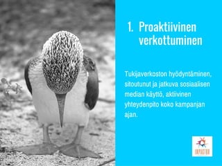 1. Proaktiivinen
verkottuminen
Tukijaverkoston hyödyntäminen,
sitoutunut ja jatkuva sosiaalisen
median käyttö, aktiivinen
yhteydenpito koko kampanjan
ajan.
 