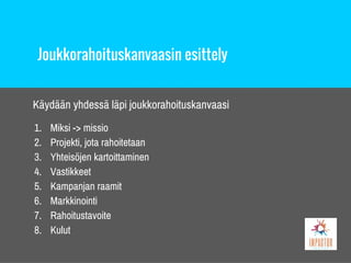 Joukkorahoituskanvaasin esittely
Käydään yhdessä läpi joukkorahoituskanvaasi
1. Miksi -> missio
2. Projekti, jota rahoitetaan
3. Yhteisöjen kartoittaminen
4. Vastikkeet
5. Kampanjan raamit
6. Markkinointi
7. Rahoitustavoite
8. Kulut
 