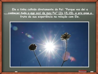 Ele a tinha colhido diretamente do Pai: “Porque vos dei a
conhecer tudo o que ouvi de meu Pai” (Jo 15,15), e era esse o
fruto da sua experiência na relação com Ele.
 