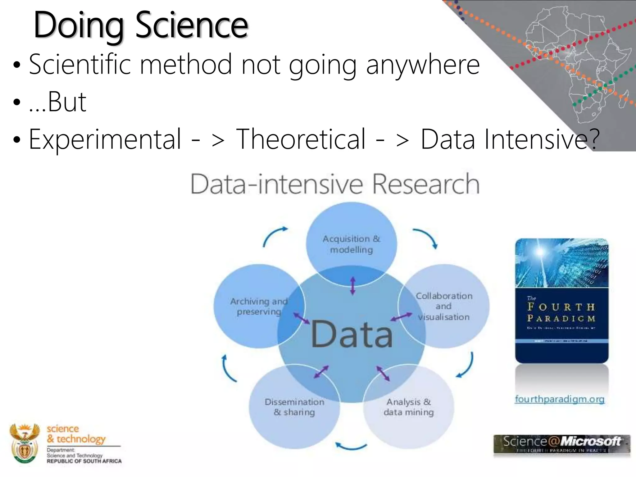 Doing Science
• Scientific method not going anywhere
• …But
• Experimental - > Theoretical - > Data Intensive?
 