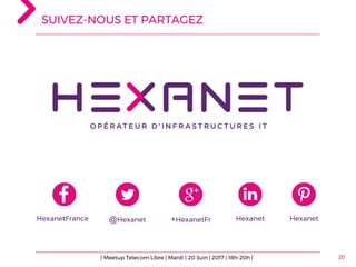 SUIVEZ-NOUS ET PARTAGEZ
20
HexanetFrance @Hexanet +HexanetFr Hexanet Hexanet
| Meetup Telecom Libre | Mardi | 20 Juin | 2017 | 18h-20h |
 